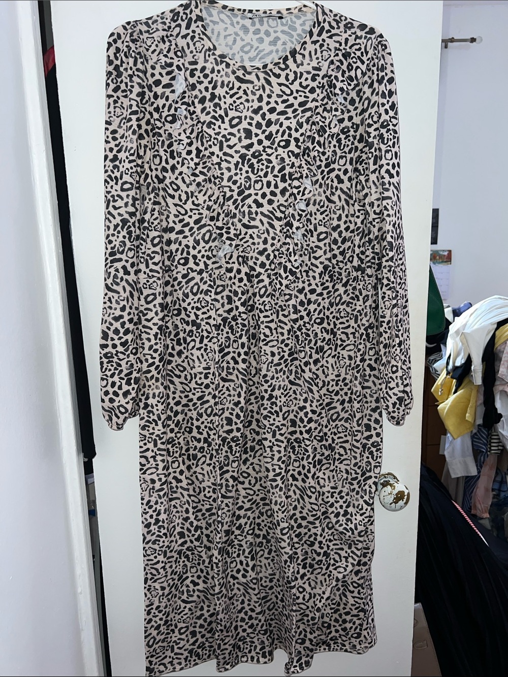 Zara Beige and Black Leopard Print Long Sleeve Midi Dress